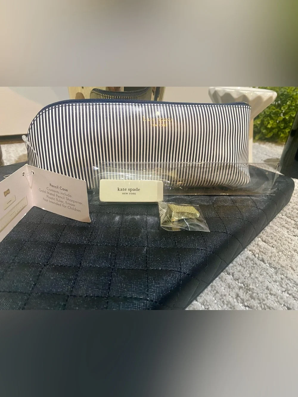 kate spade navy and white striped pencil pouch with gold logo